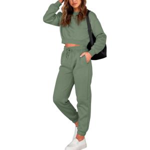 imageBTFBM Women 2 Piece Outfits Long Sleeve Crop Top Pullover Drawstring Pant Jogger Set Casual Sweatsuits Tracksuit PocketsGreen
