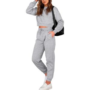 imageBTFBM Women 2 Piece Outfits Long Sleeve Crop Top Pullover Drawstring Pant Jogger Set Casual Sweatsuits Tracksuit PocketsGrey
