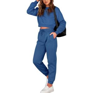 imageBTFBM Women 2 Piece Outfits Long Sleeve Crop Top Pullover Drawstring Pant Jogger Set Casual Sweatsuits Tracksuit PocketsLake Blue