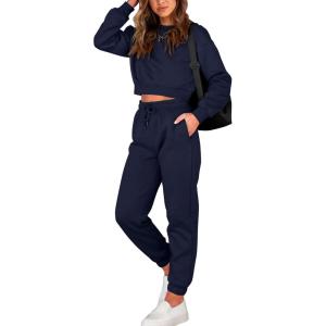 imageBTFBM Women 2 Piece Outfits Long Sleeve Crop Top Pullover Drawstring Pant Jogger Set Casual Sweatsuits Tracksuit PocketsNavy