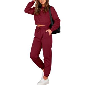 imageBTFBM Women 2 Piece Outfits Long Sleeve Crop Top Pullover Drawstring Pant Jogger Set Casual Sweatsuits Tracksuit PocketsWine Red