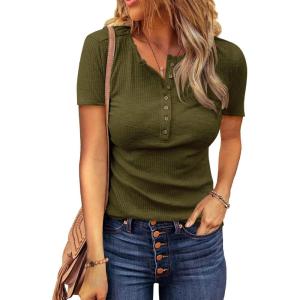 imageBTFBM Women 2025 Summer Henley Tunic Top V Neck Short Sleeve Button UP Solid Slim Fit Casual Ribbed Knit Shirt BlousesZarmy Green