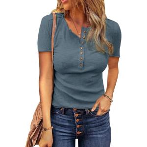 imageBTFBM Women 2025 Summer Henley Tunic Top V Neck Short Sleeve Button UP Solid Slim Fit Casual Ribbed Knit Shirt BlousesZblue