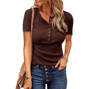 imageBTFBM Women 2025 Summer Henley Tunic Top V Neck Short Sleeve Button UP Solid Slim Fit Casual Ribbed Knit Shirt BlousesZbrown