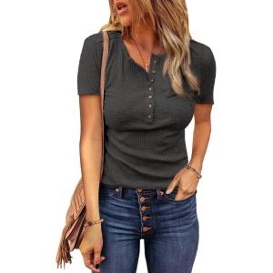 imageBTFBM Women 2025 Summer Henley Tunic Top V Neck Short Sleeve Button UP Solid Slim Fit Casual Ribbed Knit Shirt BlousesZgrey