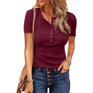 imageBTFBM Women 2025 Summer Henley Tunic Top V Neck Short Sleeve Button UP Solid Slim Fit Casual Ribbed Knit Shirt BlousesZwine Red