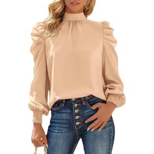 imageBTFBM Women Satin Puff Long Sleeve Blouses Mock Neck Shirts Business Casual Tops Work Dressy Blouse Spring Fall ClothesApricot