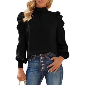 imageBTFBM Women Satin Puff Long Sleeve Blouses Mock Neck Shirts Business Casual Tops Work Dressy Blouse Spring Fall ClothesBlack