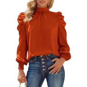 imageBTFBM Women Satin Puff Long Sleeve Blouses Mock Neck Shirts Business Casual Tops Work Dressy Blouse Spring Fall ClothesBrick Red