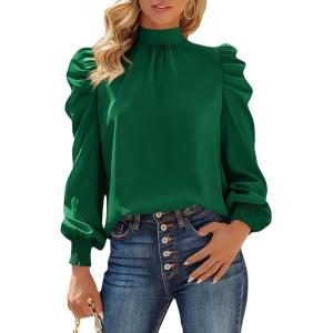 imageBTFBM Women Satin Puff Long Sleeve Blouses Mock Neck Shirts Business Casual Tops Work Dressy Blouse Spring Fall ClothesDark Green