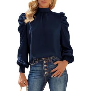 imageBTFBM Women Satin Puff Long Sleeve Blouses Mock Neck Shirts Business Casual Tops Work Dressy Blouse Spring Fall ClothesNavy