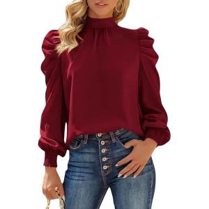 imageBTFBM Women Satin Puff Long Sleeve Blouses Mock Neck Shirts Business Casual Tops Work Dressy Blouse Spring Fall ClothesWine Red