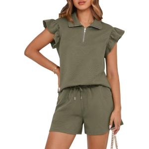 imageBTFBM Womens 2 Piece Outfits Sweatsuit Zipper V Neck Casual Ruffle Short Sleeve Tops and Drawstring Shorts Lounge SetsArmy Green