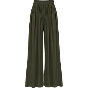 imageBTFBM Womens Casual Wide Leg Pants Summer Fall Clothes Pleated Elastic Waist Loose Palazzo Knit Trousers with PocketsSolid Army Green