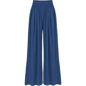 imageBTFBM Womens Casual Wide Leg Pants Summer Fall Clothes Pleated Elastic Waist Loose Palazzo Knit Trousers with PocketsSolid Dark Blue