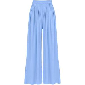 imageBTFBM Womens Casual Wide Leg Pants Summer Fall Clothes Pleated Elastic Waist Loose Palazzo Knit Trousers with PocketsSolid Light Blue