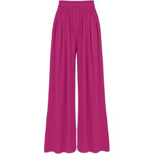 imageBTFBM Womens Casual Wide Leg Pants Summer Fall Clothes Pleated Elastic Waist Loose Palazzo Knit Trousers with PocketsSolid Rose Red