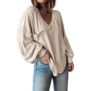 imageBTFBM Womens Ribbed Long Sleeve Tops 2025 Summer Spring Pullover Knit Casual V Neck Blouses Trendy Loose Fit Tunic TopSolid Apricot