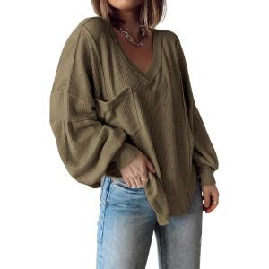 imageBTFBM Womens Ribbed Long Sleeve Tops 2025 Summer Spring Pullover Knit Casual V Neck Blouses Trendy Loose Fit Tunic TopSolid Army Green