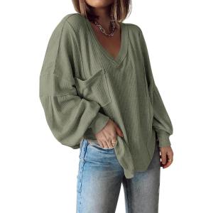 imageBTFBM Womens Ribbed Long Sleeve Tops 2025 Summer Spring Pullover Knit Casual V Neck Blouses Trendy Loose Fit Tunic TopSolid Bean Green