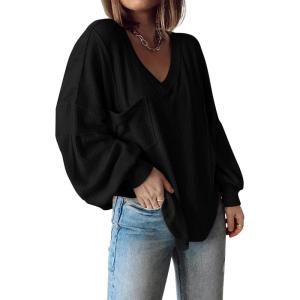 imageBTFBM Womens Ribbed Long Sleeve Tops 2025 Summer Spring Pullover Knit Casual V Neck Blouses Trendy Loose Fit Tunic TopSolid Black