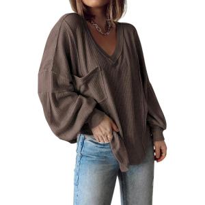 imageBTFBM Womens Ribbed Long Sleeve Tops 2025 Summer Spring Pullover Knit Casual V Neck Blouses Trendy Loose Fit Tunic TopSolid Brown