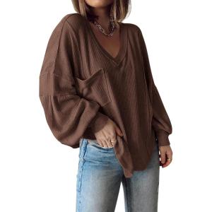 imageBTFBM Womens Ribbed Long Sleeve Tops 2025 Summer Spring Pullover Knit Casual V Neck Blouses Trendy Loose Fit Tunic TopSolid Caramel