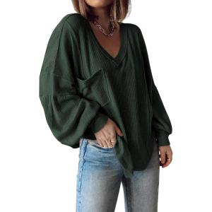imageBTFBM Womens Ribbed Long Sleeve Tops 2025 Summer Spring Pullover Knit Casual V Neck Blouses Trendy Loose Fit Tunic TopSolid Dark Army Green