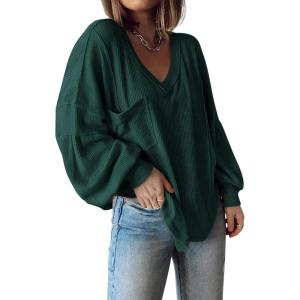 imageBTFBM Womens Ribbed Long Sleeve Tops 2025 Summer Spring Pullover Knit Casual V Neck Blouses Trendy Loose Fit Tunic TopSolid Dark Green