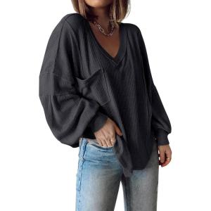 imageBTFBM Womens Ribbed Long Sleeve Tops 2025 Summer Spring Pullover Knit Casual V Neck Blouses Trendy Loose Fit Tunic TopSolid Dark Grey