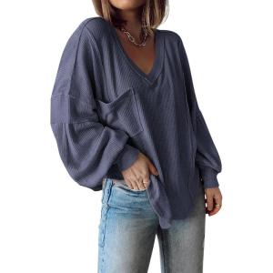 imageBTFBM Womens Ribbed Long Sleeve Tops 2025 Summer Spring Pullover Knit Casual V Neck Blouses Trendy Loose Fit Tunic TopSolid Dark Grey Blue