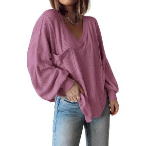 imageBTFBM Womens Ribbed Long Sleeve Tops 2025 Summer Spring Pullover Knit Casual V Neck Blouses Trendy Loose Fit Tunic TopSolid Dusty Pink