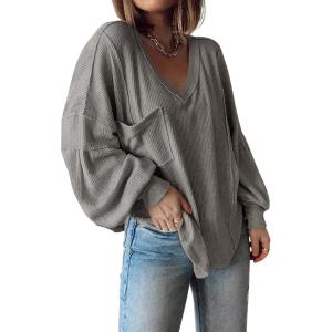 imageBTFBM Womens Ribbed Long Sleeve Tops 2025 Summer Spring Pullover Knit Casual V Neck Blouses Trendy Loose Fit Tunic TopSolid Grey