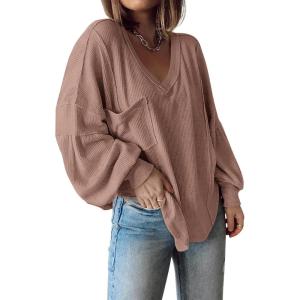 imageBTFBM Womens Ribbed Long Sleeve Tops 2025 Summer Spring Pullover Knit Casual V Neck Blouses Trendy Loose Fit Tunic TopSolid Khaki