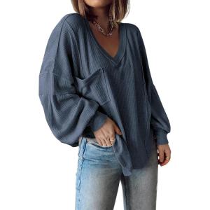 imageBTFBM Womens Ribbed Long Sleeve Tops 2025 Summer Spring Pullover Knit Casual V Neck Blouses Trendy Loose Fit Tunic TopSolid Light Grey Blue