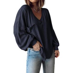 imageBTFBM Womens Ribbed Long Sleeve Tops 2025 Summer Spring Pullover Knit Casual V Neck Blouses Trendy Loose Fit Tunic TopSolid Navy