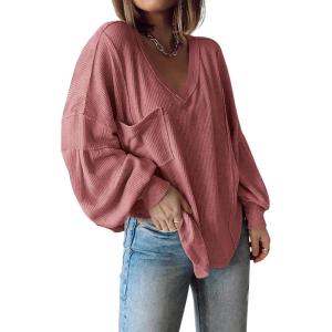 imageBTFBM Womens Ribbed Long Sleeve Tops 2025 Summer Spring Pullover Knit Casual V Neck Blouses Trendy Loose Fit Tunic TopSolid Pink