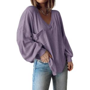 imageBTFBM Womens Ribbed Long Sleeve Tops 2025 Summer Spring Pullover Knit Casual V Neck Blouses Trendy Loose Fit Tunic TopSolid Taro Purple