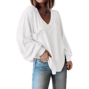 imageBTFBM Womens Ribbed Long Sleeve Tops 2025 Summer Spring Pullover Knit Casual V Neck Blouses Trendy Loose Fit Tunic TopSolid White