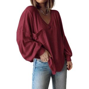 imageBTFBM Womens Ribbed Long Sleeve Tops 2025 Summer Spring Pullover Knit Casual V Neck Blouses Trendy Loose Fit Tunic TopSolid Wine Red