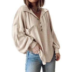 imageBTFBM Womens Ribbed Long Sleeve Tops 2025 Summer Spring Pullover Knit Casual V Neck Blouses Trendy Loose Fit Tunic TopTurndown Apricot