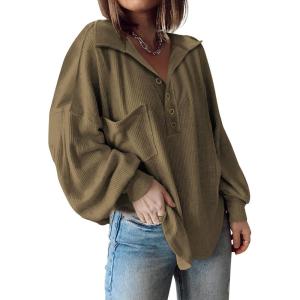 imageBTFBM Womens Ribbed Long Sleeve Tops 2025 Summer Spring Pullover Knit Casual V Neck Blouses Trendy Loose Fit Tunic TopTurndown Army Green