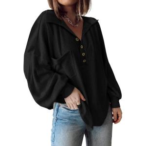 imageBTFBM Womens Ribbed Long Sleeve Tops 2025 Summer Spring Pullover Knit Casual V Neck Blouses Trendy Loose Fit Tunic TopTurndown Black