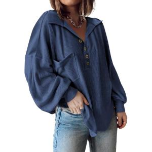 imageBTFBM Womens Ribbed Long Sleeve Tops 2025 Summer Spring Pullover Knit Casual V Neck Blouses Trendy Loose Fit Tunic TopTurndown Blue
