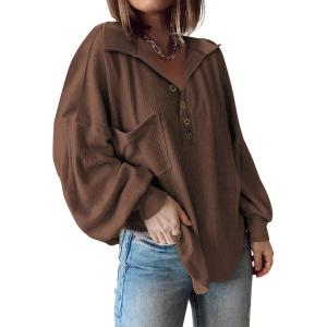 imageBTFBM Womens Ribbed Long Sleeve Tops 2025 Summer Spring Pullover Knit Casual V Neck Blouses Trendy Loose Fit Tunic TopTurndown Caramel