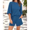 imageBTFBM Women Summer 2 Piece Outfits 2025 Spring Matching Set Short Sleeve Tops Elastic Waist Shorts Lounge Sets PocketBlue