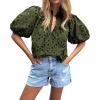 imageBTFBM Womens Casual Summer Blouse 2025 Hollow Out Eyelet Embroidery Tops V Neck Buttons Puff Short Sleeve Boho ShirtsSolid Army Green