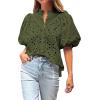 imageBTFBM Womens Casual Summer Blouse 2025 Hollow Out Eyelet Embroidery Tops V Neck Buttons Puff Short Sleeve Boho ShirtsSolid Army Green
