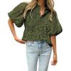 imageBTFBM Womens Casual Summer Blouse 2025 Hollow Out Eyelet Embroidery Tops V Neck Buttons Puff Short Sleeve Boho ShirtsSolid Army Green