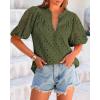 imageBTFBM Womens Casual Summer Blouse 2025 Hollow Out Eyelet Embroidery Tops V Neck Buttons Puff Short Sleeve Boho ShirtsSolid Army Green